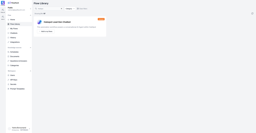 Flow Library - Hubspot Lead Gen Chatbot selectie