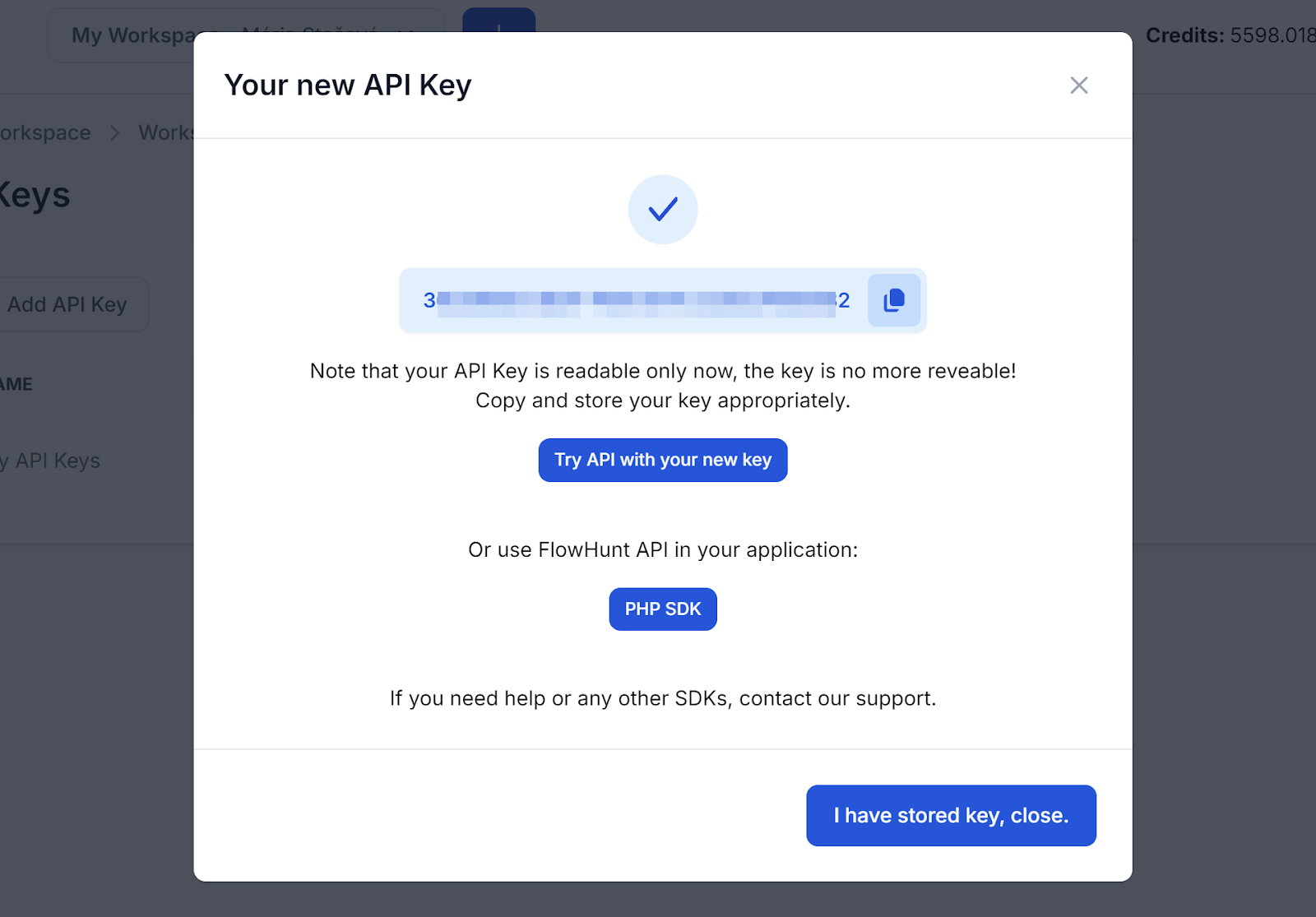 Pop up showing your FlowHunt API key