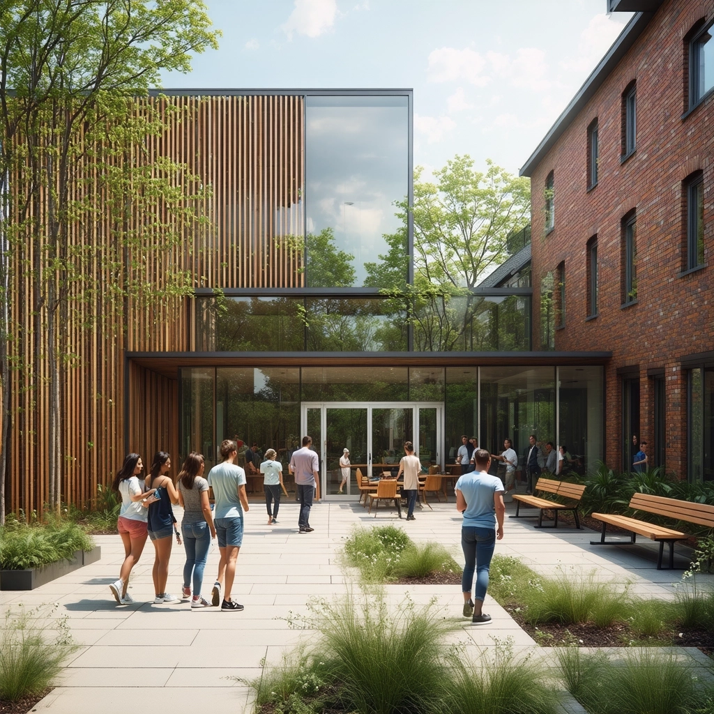 AI generovaná architektonická vizualizácia komunitného centra so zeleňou a ľuďmi