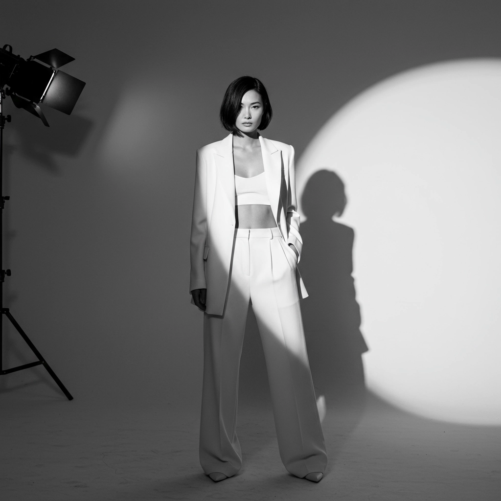 Čiernobiela celotelová fotografia modelky počas fotenia