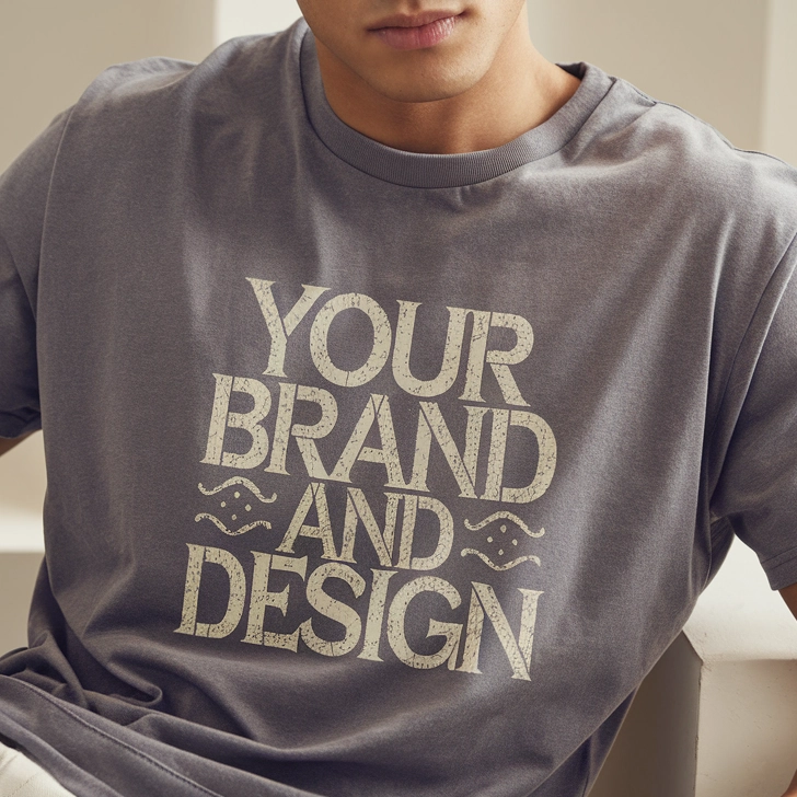 AI generovaný obrázok muža v tričku s jednoduchým dizajnom a textom 'your brand'.