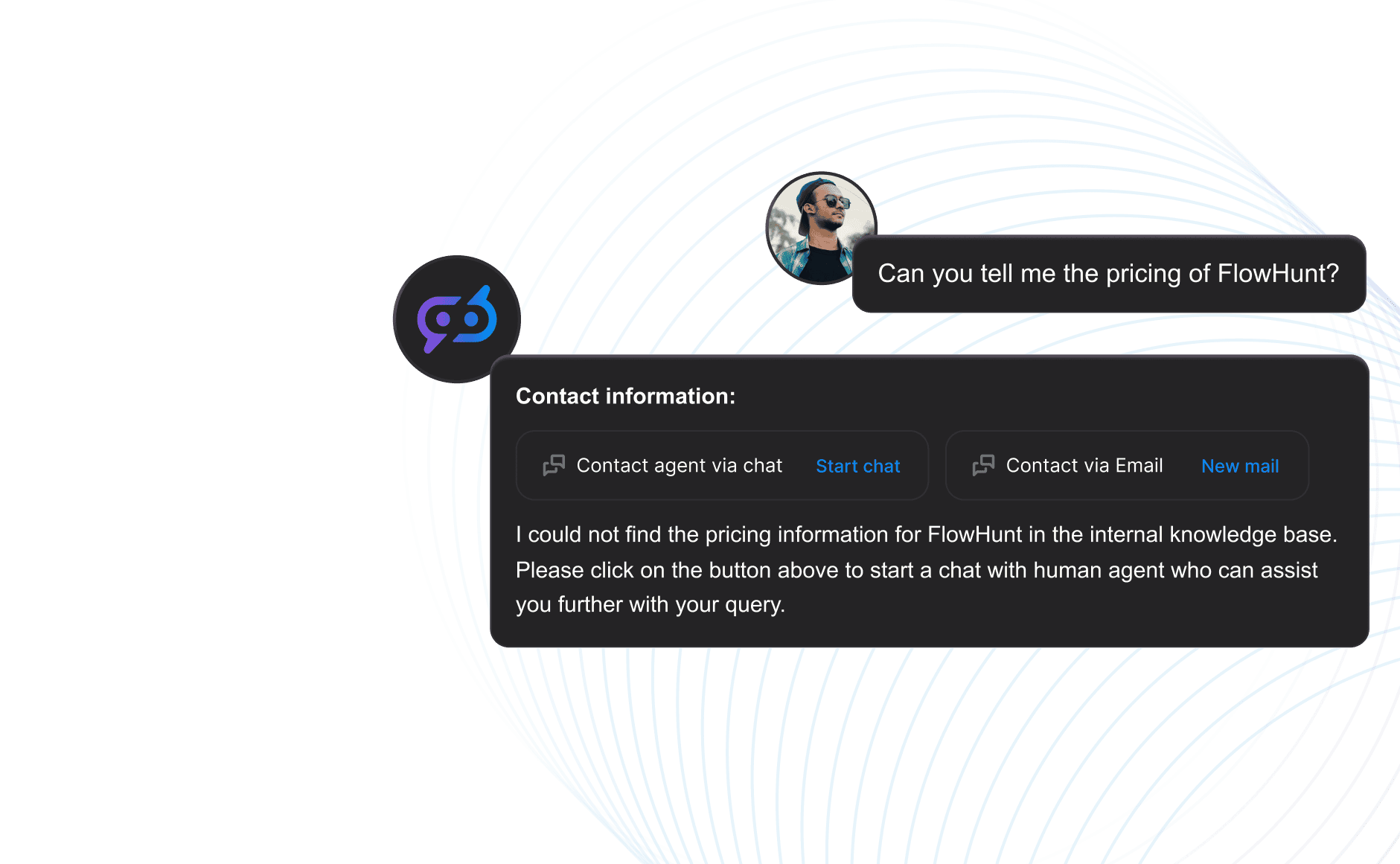 Chatbot zákazníckeho servisu FlowHunt ponúka prepojenie zákazníka na ľudských agentov cez LiveAgent.