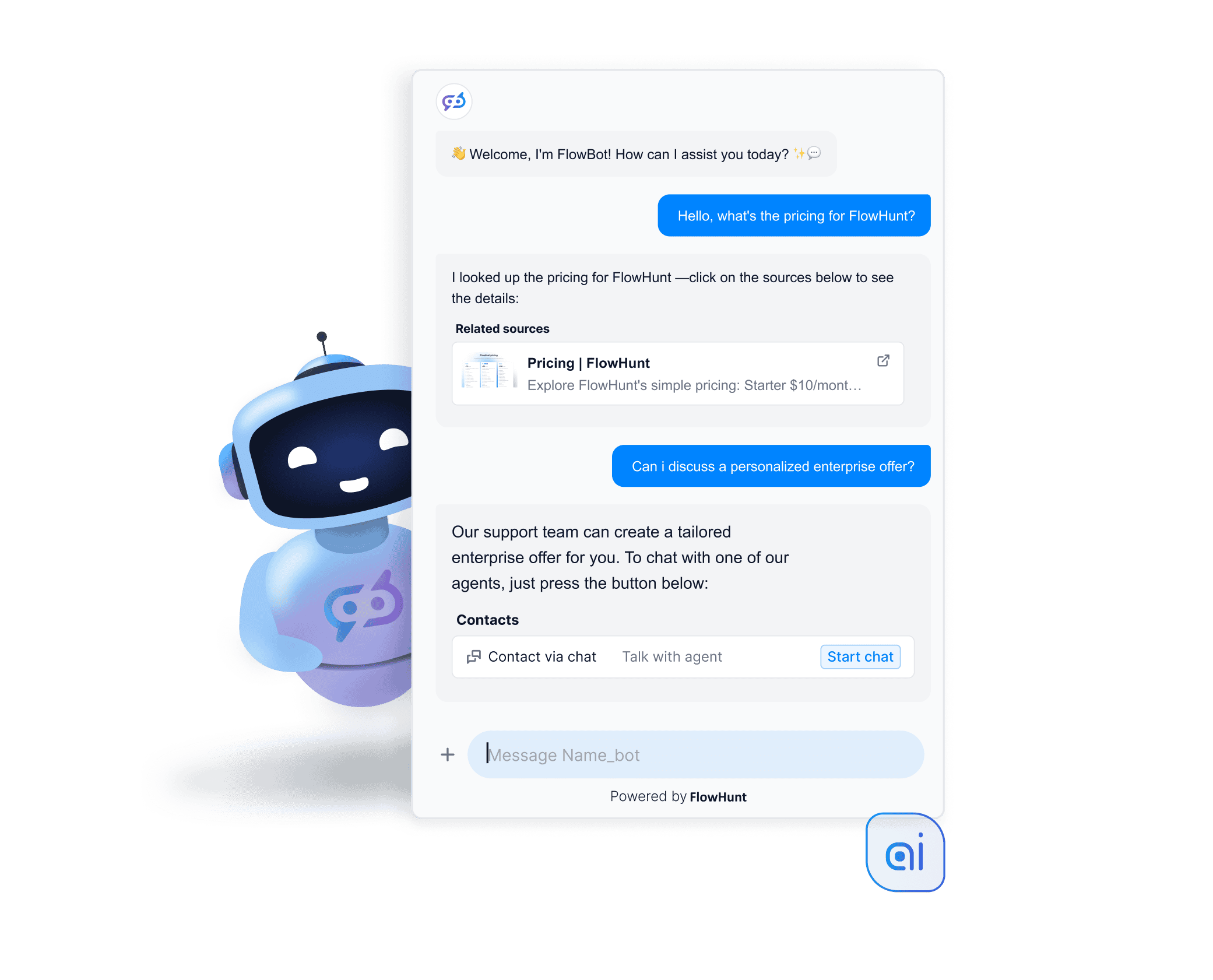 Ukážka konverzácie s chatbotom zákazníckeho servisu Flowhunt. Chatbot vysvetľuje ceny. Keď zákazník požiada o ponuku na podnikové ceny, AI agent okamžite ponúkne prepojenie na ľudského agenta, aby prediskutoval individuálnu ponuku.